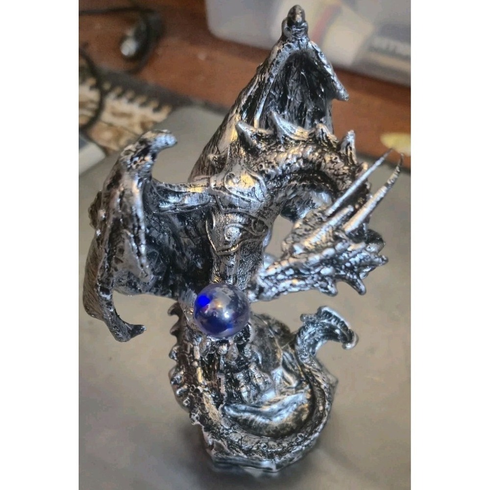Black & Silver Dragon w/ Sword Crystal Orb Figurine 6.5" Fantasy Decor